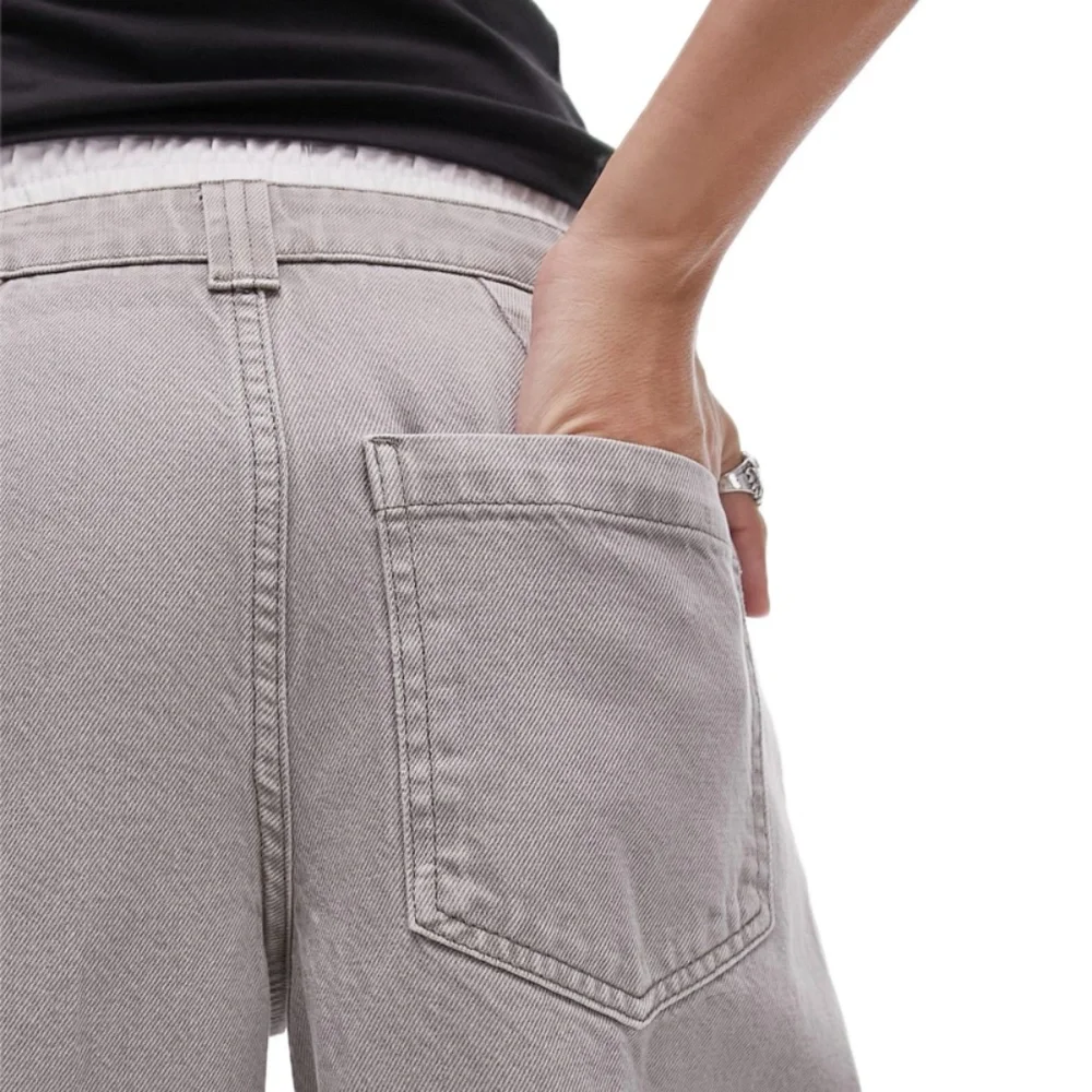 Topshop Boxer Waistband Cotton-Blend Wide-Leg Denim Pants (Grey/White) - Picture 5 of 16